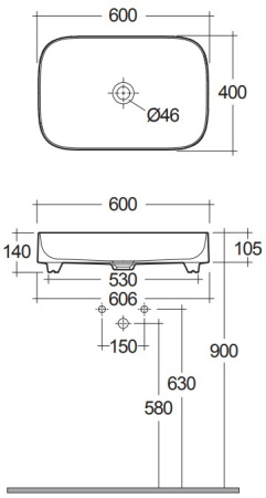 Раковина-чаша керамическая KLUDI RESA S 58CW4053 прямоугольная 60x40 белый матовый